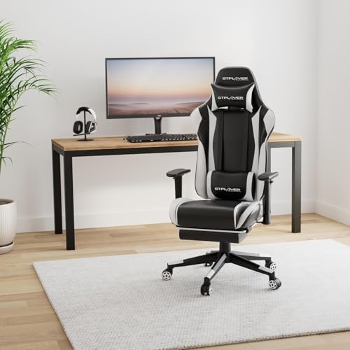 GTPLAYER Gaming Chair with Footrest, Ergonomic Computer Game Desk Chair, Reclining Gamer Chair Seat Height Adjustment, Swivel Rocker with Headrest and Lumbar (White)