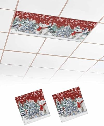 Red Christmas Magnetic Fluorescent Light Covers for Ceiling Lights 2 x 4 Feet,Snowflakes Retro Snowy Pine Tree Bear Office Classroom Kitchen Drop Ceiling Light Covers Filters Shade Panel 2 Packs