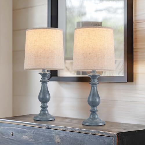 Lamps Set of 2 Vintage Rustic Farmhouse Table Lamps Bedside Reading Lamp Bedroom Nightstand Living Room Teapoy Lamp, Desk Light, 22 Inch High, Navy Blue, with Fabric Shade, Bulb Not Included，Blue