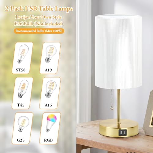 Lakumu 2 Sets Table Lamps with 2 USB, Minimalist Beside Lamps for Bedroom, Nightstand Lamp with Pull Chain, Desk Lamps with White Pleated Shade and Gold Metal Base for Living Room Dorm Reading Hotel