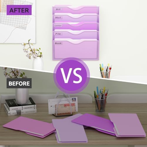 5 Pockets Hanging Wall File Organizer Mail Holder, Wall Mounted Paper Document Folder Holder, Clipboard Storage Organization Magazine Rack, Light Purple