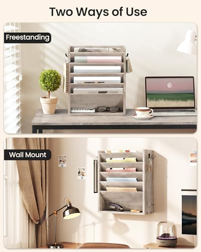 CHOEZON Wall File Organizer, 6-Tier Vertical Mount Hanging Holder with 2 Side Hooks, Modern Wooden Magazine Storage Holder with Bottom Tray, Desk Organizer, for Office, Home, Greige MWJ01FH
