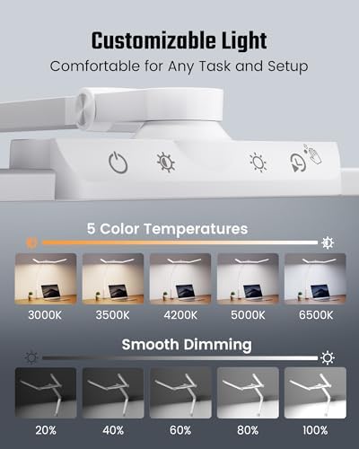 SUPERDANNY LED Desk Lamp Computer Light with Power Strip with Clamp White