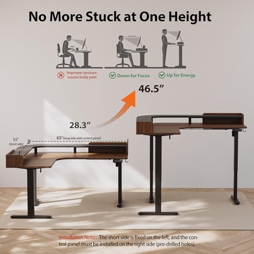 Agilestic L Shaped Standing Desk with Monitor Shelf, 63 Inch, Dark Walnut
