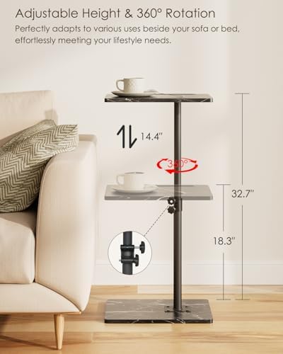 Masupu Sofa Arm Tray Table - 360° Swivel Height Adjustable End Table, Small Snack Side Table for Couch, C Shaped Table for Bed, Chair or TV Tray Table(Marble Black)