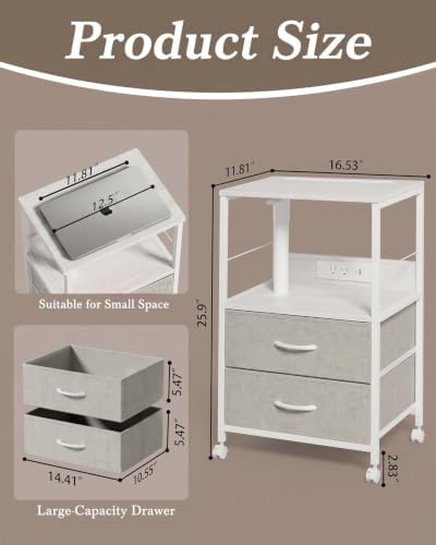 Faesun Night Stand with Charging Station & Swivel Top, White Gray