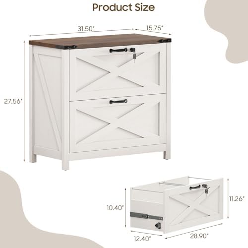 Halitaa Farmhouse Lateral File Cabinet with 2 Drawers, White and Brown