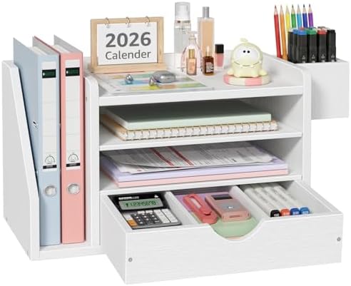 Wood Desk Organizers and Accessories with Drawer - White 3 Tier Paper Tray and Desktop Storage Caddy for Office Supplies, Slanted File Folder Holder and Pen Cup, Dorm Essentials for School