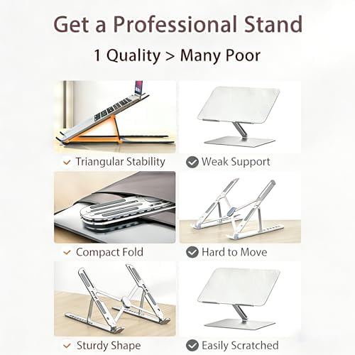 Ergonomic Foldable Computer Stand, 10-Level Height Adjustable Aluminum Laptop Stand, Compatible with 17.3 Inch Laptops, Tablets & Drawing Tablets, for MacBook, HP, Lenovo, Dell (Silver)