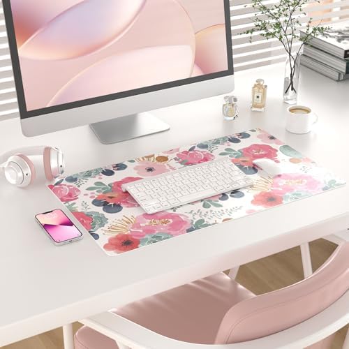 QIYI PU Leather Large Mouse Pad, Waterproof Desk Mat, 23.6" x 13.8", Peony