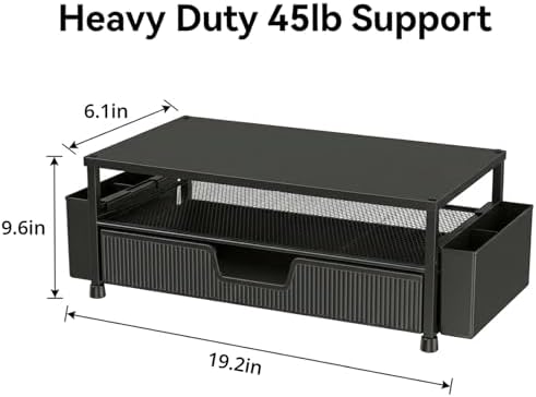 ECOLOVI Desk Organizer and Accessories, 2-Tier Computer Monitor Stand Rise with Storage Drawer & 2 Pen Holders, Laptop & Printer Stand for Desktop, Workspace Organizers for Office Supplies (Black)