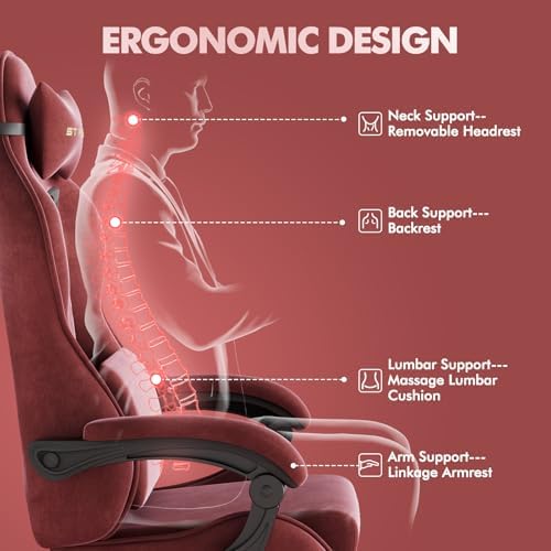 Huracan Ergonomic Gaming Chair with Massage Lumbar Cushion, High‑Back Reclining Velvet Fabric Computer Chair with Footrest for Home Use, Adjustable Racing‑Style Gamer Chair for Work and Streaming, Red