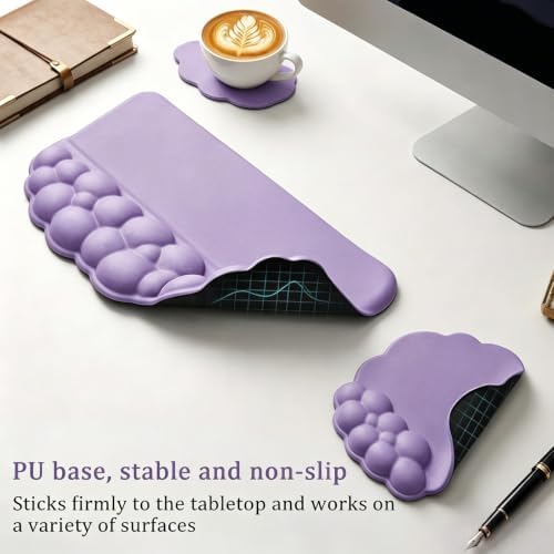 Cloud Keyboard Wrist Rest Set, 3 in 1 Ergonomic Memory Foam Keyboard Stand Pad with Mouse Wrist Support & Cup Holder, Anti-Slip Desk Cushion for Office Gaming Typing Pain Relief, Purple
