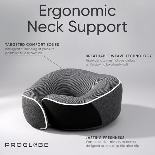 Proglobe Travel Pillow, 100% Memory Foam Airplane Neck Pillow, Dark Grey
