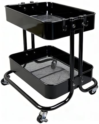2 Tier Cart with Wheels Heavy Duty Metal Rolling Storage Cart for Under Desk Storage, Short Small Utility Shelf for Pantry Kitchen Bathroom Laundry, Home Organizer with Large Basket, Black