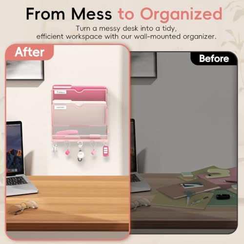 Wall File Holder Hanging Wall File Organizer, Wall Mount Mail Holder and Paper Organizer with Bottom Shelf & 5 Hooks for Office Home School (3-Tier Pink)