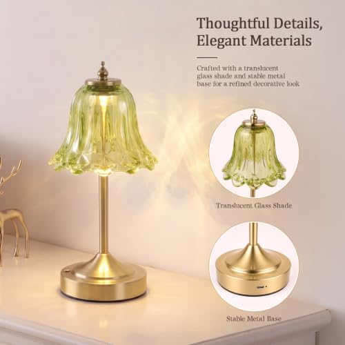 Cordless Table Lamp, Rechargeable Green Glass Tulip Flower Touch Lamp
