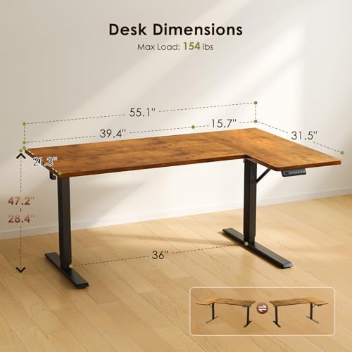 OffiGo 55 Inch Reversible L Shaped Electric Standing Desk, Rustic Brown