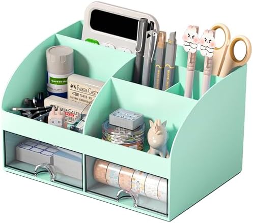 COMFYROOM Desk Organizer with 6 Compartments and 2 Drawers, Plastic Makeup Organizer, Pen Holder for Desktop Storage, Desk Organization for School, Home, Office Supplies (Mint Green)