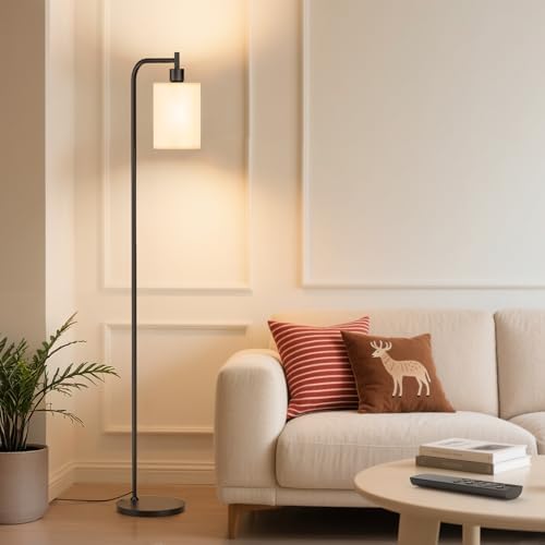 SIBRILLE Floor Lamp with Linen Shade, Dimmable Tall Standing Lamp with Remote Control & 3 Color Temperatures, Modern Floor Lamps for Living Room Bedroom Office Corner, 9W LED Bulb Included