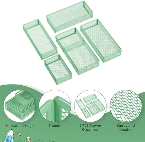 Marbrasse 5 Pack Desk Drawer Organizer Set, Mesh Drawer Storage Trays with 1 Adjustable Divider, Desk Organizers and Accessories, 5 PCS Drawer for Office Supplies, Makeup & Vanity (Green)