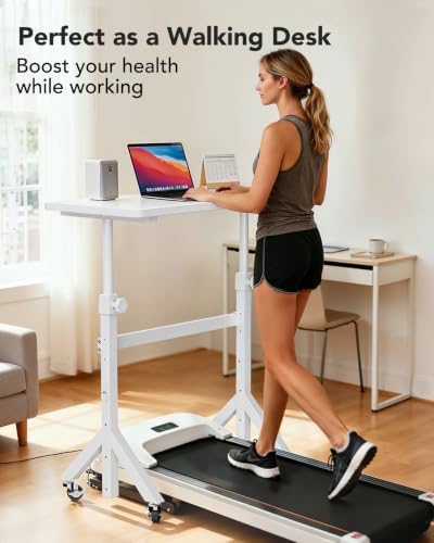 ErGear Small Standing Desk Adjustable Height, 6 Height Settings Up to 46.5″, Walking Pad Desk with Triangular Leg Design, Smooth Mobility with Lockable Wheels, Standing Desk for Walking Pad, White