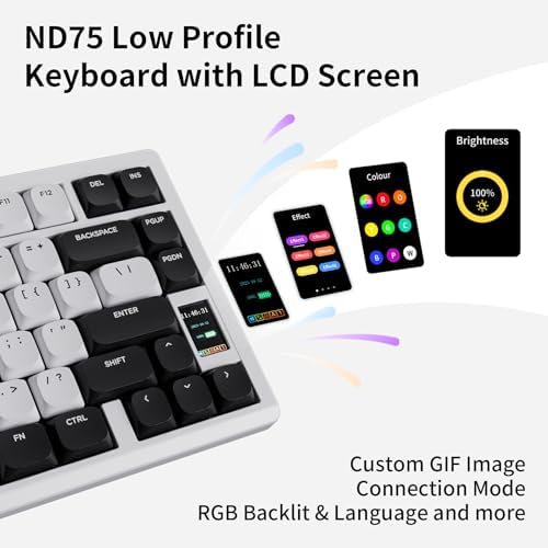 OOCTPK Mechanical Keyboard, Chilkey ND75 LP Wireless Gaming Keyboard with LCD Screen, Bluetooth 5.3/2.4G/USB-C, Hot Swappable Per-Key RGB Custom, Thin Front, Wrist Rest, Full-Aluminum, PC/Mac Support