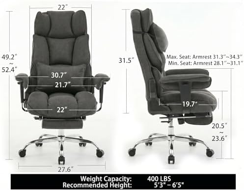 mokodo Big and Tall Office Chair 400lbs, Breathable Fabric Executive Desk Chair with Pocket Spring Cushion, 155° Reclining Computer Chair with Integrated Headrest & Lumbar Pillow (Dark Grey)
