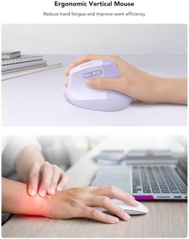 KYSONA EM18 Wireless Ergonomic Vertical Mouse, Ergo Design, Bluetooth Cordless Mouse for Medium/Large Hands, Silent Click, 5-Level Adjustable DPI, Carpal Tunnel Mice for Computer/PC/Mac/Laptop, Purple