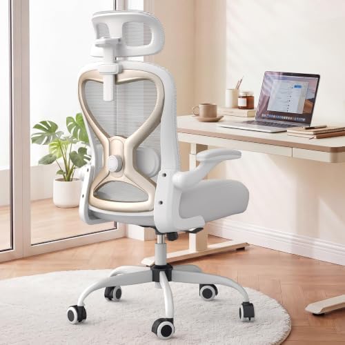 Ergonomic Office Chair for Long Hours and Back Pain Relief, Space-Saving Design with Adjustable Lumbar Support, Flip-Up Arms, 3D Headrest, Tilt & Rock, 330 LBS, White/Gold