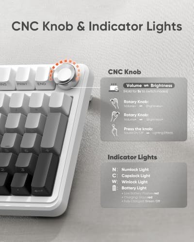 RedThunder K95 S Wireless Mechanical Gaming Keyboard, Hot Swappable Creamy Keyboard with Knob, RGB Backlit, Pre-lubed Linear Switches, Side Engraved PBT Keycaps, Wireless/Wired/BT5.0, Snow & Ash