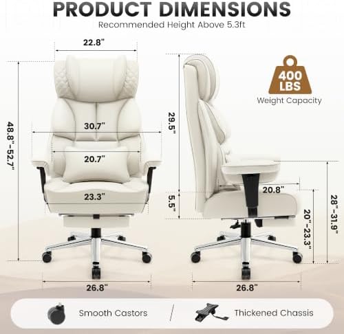 BestGlory Office Desk Chair, Big and Tall Leather Gaming Chair with Footrest, Ergonomic Comfy Executive High-Back Reclining Computer Chairs, Wide Swivel Rolling Wheels and Padded Lumbar Support, White