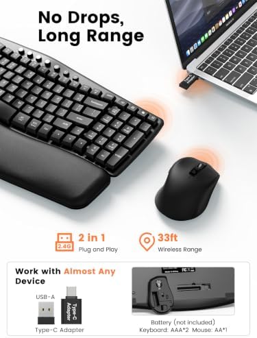 Wireless Keyboard and Mouse Combo, Compact Ergonomic Wave Key, SABLUTE MA61