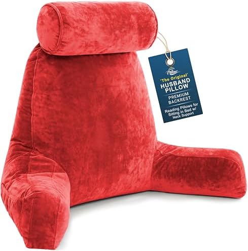 Husband Pillow XXL The Original for Adults - 30" Tall Backrest for Sitting Up in Bed - Firm Support Reading & Bed Rest Pillows for Adults, Neck Roll, Removable Cover - TV - Red