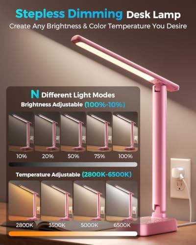 LED Desk Lamp with Power Strip, 3 AC Outlets, 4 USB Ports, Stepless Dimming