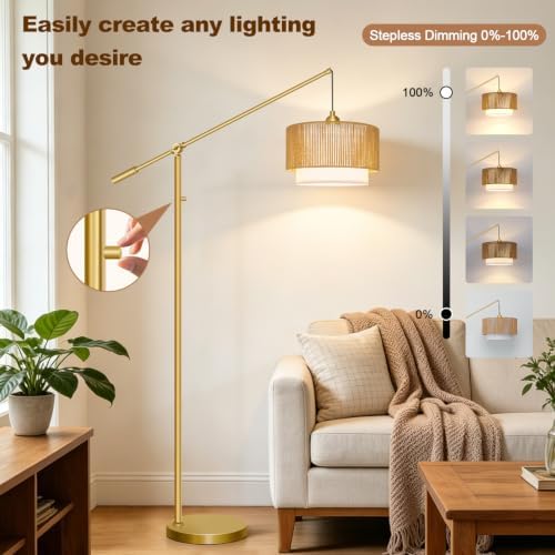 【Upgraded】Boho Dimmable Floor Lamps with Adjustable Swing Arm, 1100 Lumens Bulb Included, Modern Standing Lamp with Rattan & Fabric Shades, Farmhouse Tall Arc Floor Lamp for Living Room Bedroom, Gold