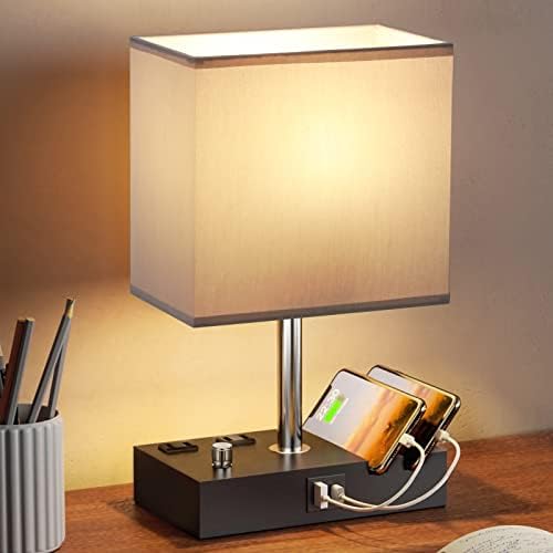 Grey Table Lamp for Bedroom - Stepless Dimmable, USB C+A, 2 AC Outlets