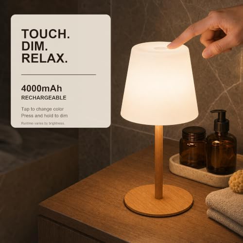 Rechargeable Cordless Table Lamp, IP65 Waterproof Touch Night Light with 4000mAh Battery, 3 Color Temperatures and Stepless Dimming for Bathroom, Nursery, Bedside and Skincare, Wood Grain