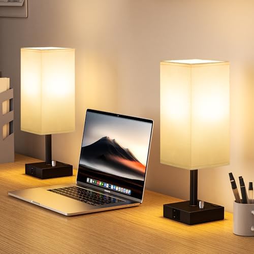 White Bedside Table Lamps Set of 2 - Dimmable, USB C+A, 2 AC Outlets