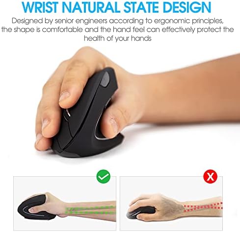 Wireless Vertical Mouse Black Wireless Ergonomic Vertical Mouse High Precision Ergo Optical 2.4G Cordless Lightweight Gaming Mice with 3 Adjustable DPI800/1200/1600 for PC/Laptop/Desktop/Mac 6 Buttons