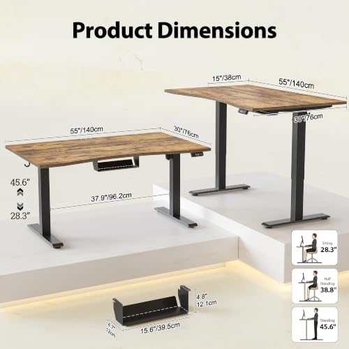 TIQLAB 55x30 Extra Deep Standing Desk with Cable Management, Rustic Brown