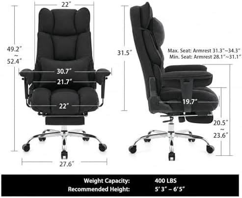 mokodo Big and Tall Office Chair 400lbs, Breathable Fabric Executive Desk Chair with Pocket Spring Cushion, 155° Reclining Computer Chair with Integrated Headrest & Lumbar Pillow (Black)