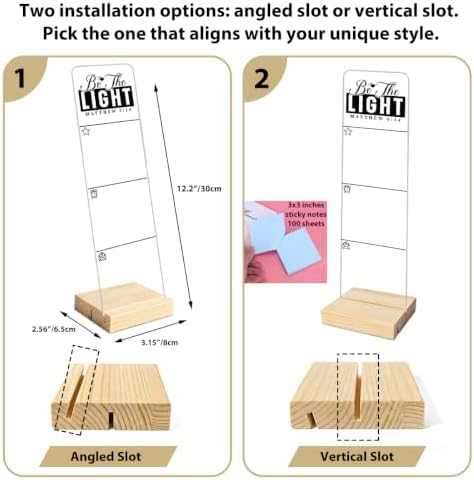 Sticky Note Holder,n Monitor Memo Board, Acrylic Post It Note Holder with Wooden Base, Includes 100 Notes, Desk Organizer, Christian Quote “Be The Light Matthew 5:14”