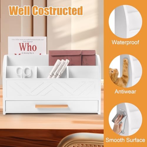 Charmewooden White Desktop Organizer with Drawer Storage, White Desk Organizer Mail Holder Mail Organizer Countertop Pen Holder Letter Sorter Make up Organizer for School Home Office Supplies