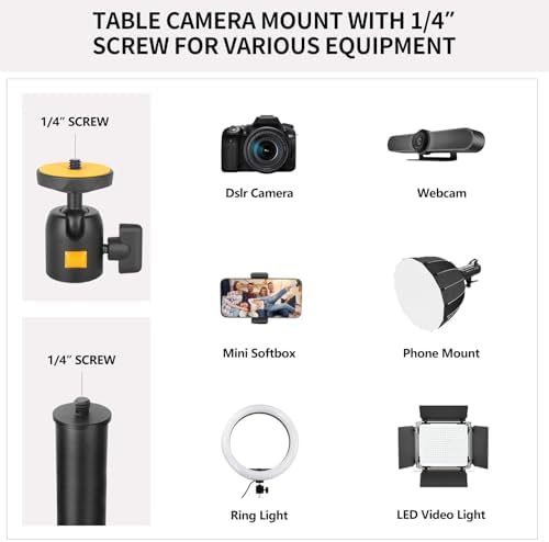 Camera Desk Mount Table Stand with Ball Head, Adjustable Light Stand with 1/4" Screw & C Clamp for DSLR Camera, Ring Light, Live Streaming, Photo Video Shooting