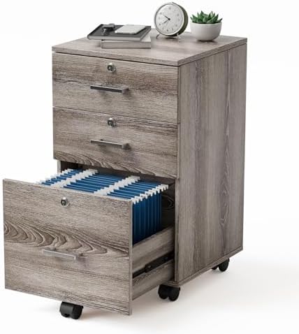 VINGLI 3-Drawer File Cabinet with Lock, Wood Rolling Filing Cabinets for Home Office, Mobile Printer Stand, Under Desk File Organizer for Letter Sized Files, 26" H(Caster Included),Gray Oak