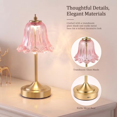 Cordless Table Lamp, Rechargeable Pink Glass Tulip Flower Touch Lamp
