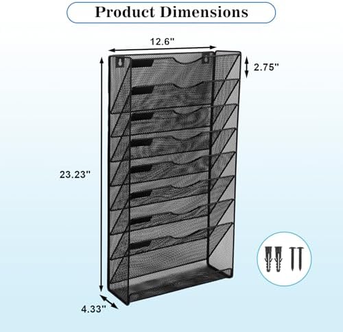 EASEPRES Desk File Organizer Mesh 9-Tier, Hanging Wall Mount Document Organization Stand, Desktop Vertical Mail Paper Folder Holder Rack with Bottom Tray for Office Home Cubicle Countertop, Black