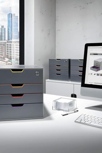 Durable Varicolor Drawer Organizer, 4 Lockable Color Coded Drawers, Gray