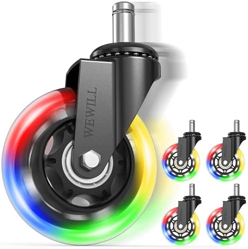 WEWILL RGB Chair Caster Wheels, Self-Lit No Batteries, 3" PU Rubber (5-Pack), Heavy Duty 325kg/715lb, Universal 11x22mm Stem, Quiet for Carpet/Hardwood (Not IKEA)